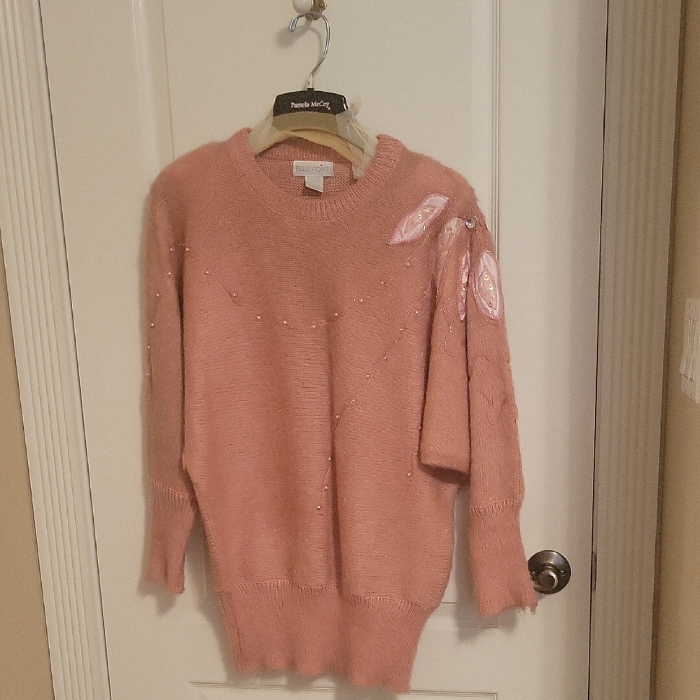 Blue POINT Blush Pink Crew Neck Sweater.Oversized And Beautiful Embellishments